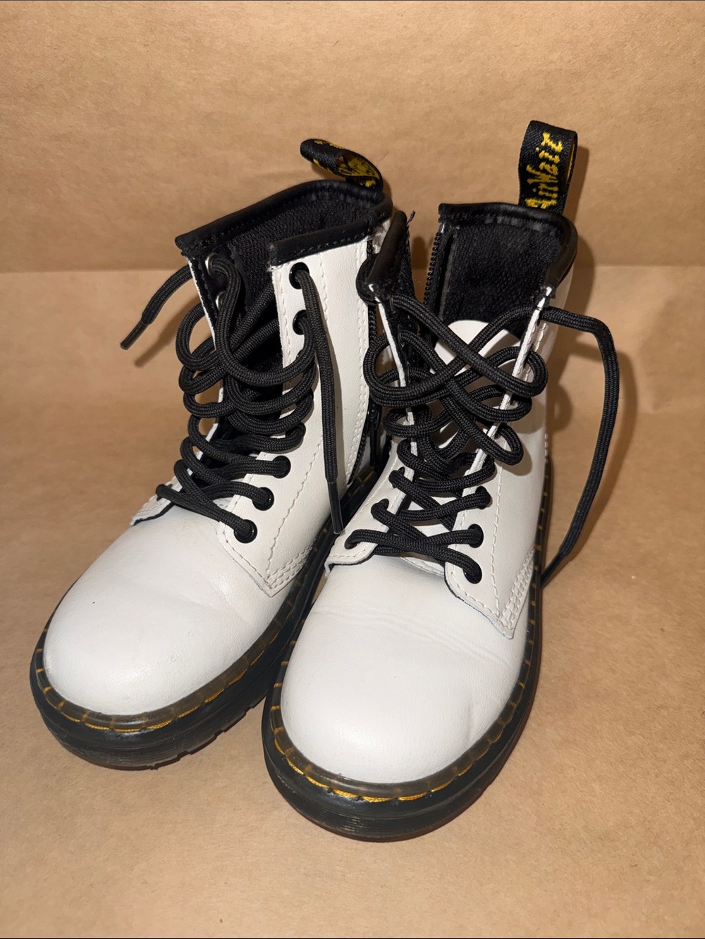 Dr. Martens White Leather Lace-Up Combat Boots with Black Laces